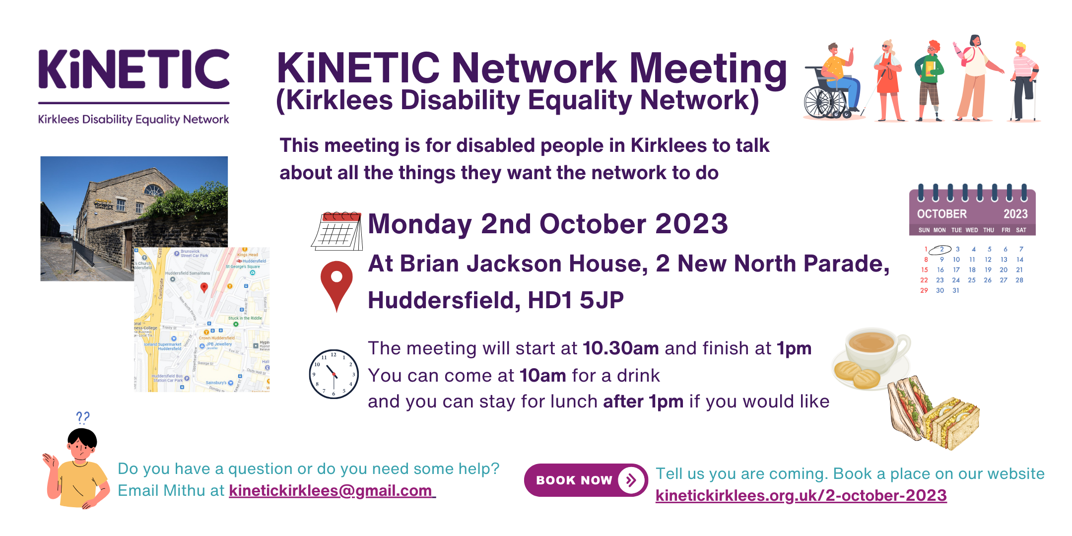 'easy read' summary of the key details of the KiNETIC Network meeting on 2nd October 2023, including date, time, location and booking links, with illustrative icons.