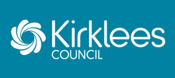 Kirklees Council Logo - white writing on a teal background with a stylised circular flower symbol