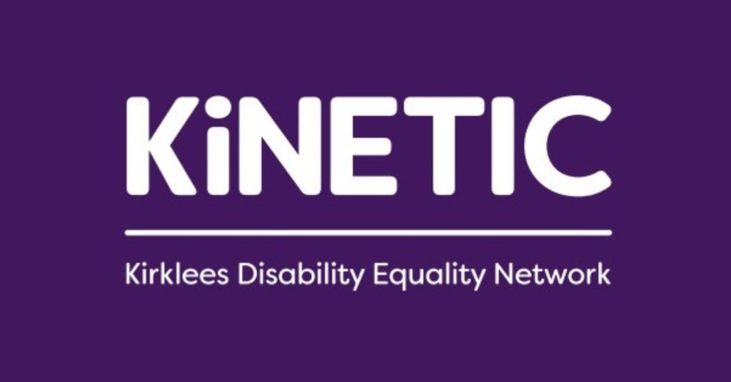 KiNETIC logo - KiNETIC Kirklees Disability Equality Network white text on a dark purple background.